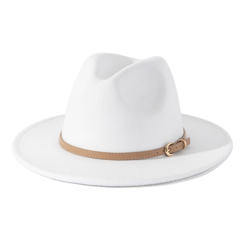 Lisianthus Women Classic Felt Fedora Wide Brim Hat with Belt Buckle A-White - Image 1